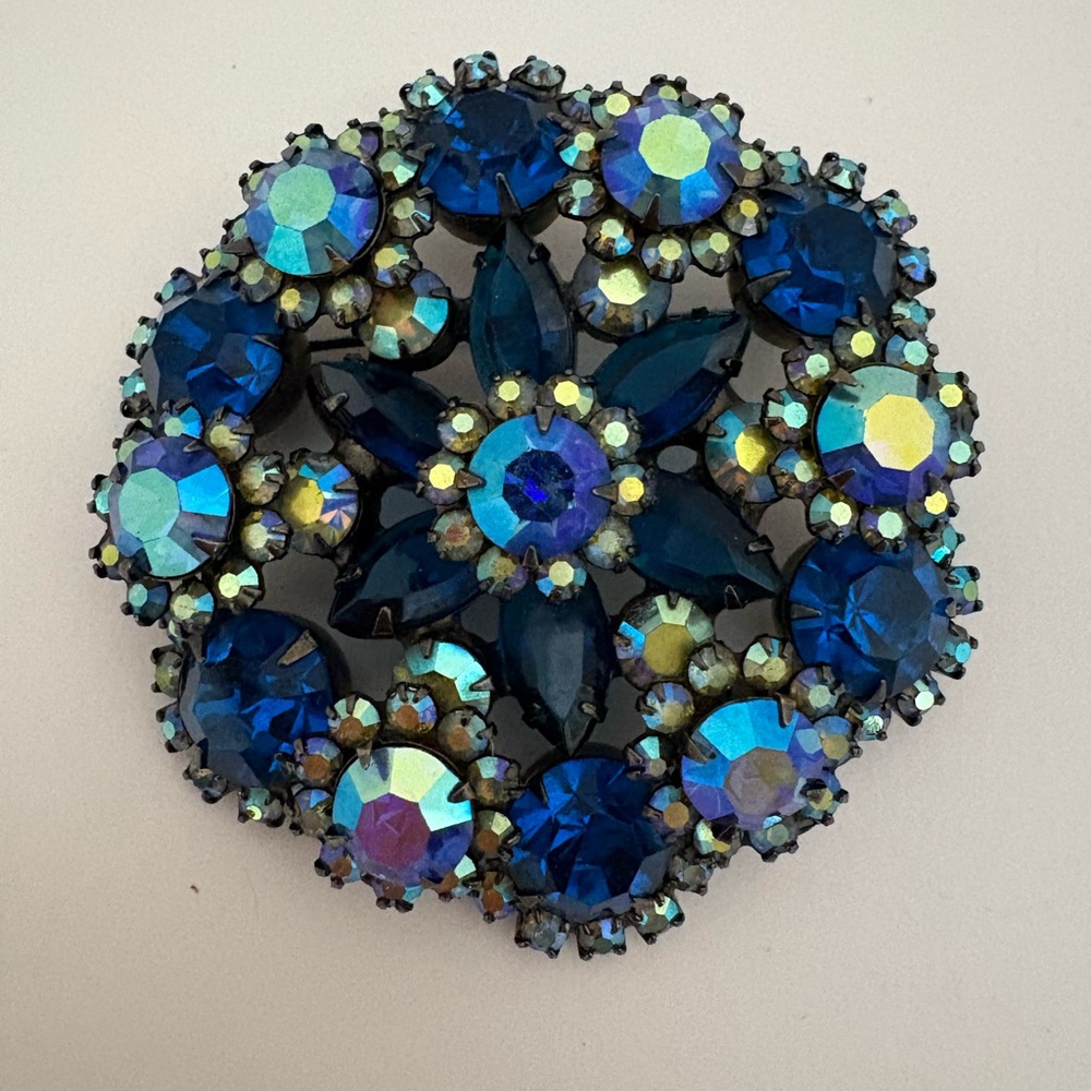 Vintage 1960's Blue Rhinestone and Aurora Borealis Juliana Brooch by D & E